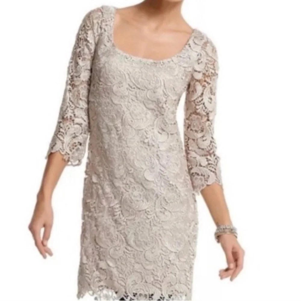 WHITE House Black Market Champagne Lace 3/4 Sleeve Scoop Neck Dress Size 10